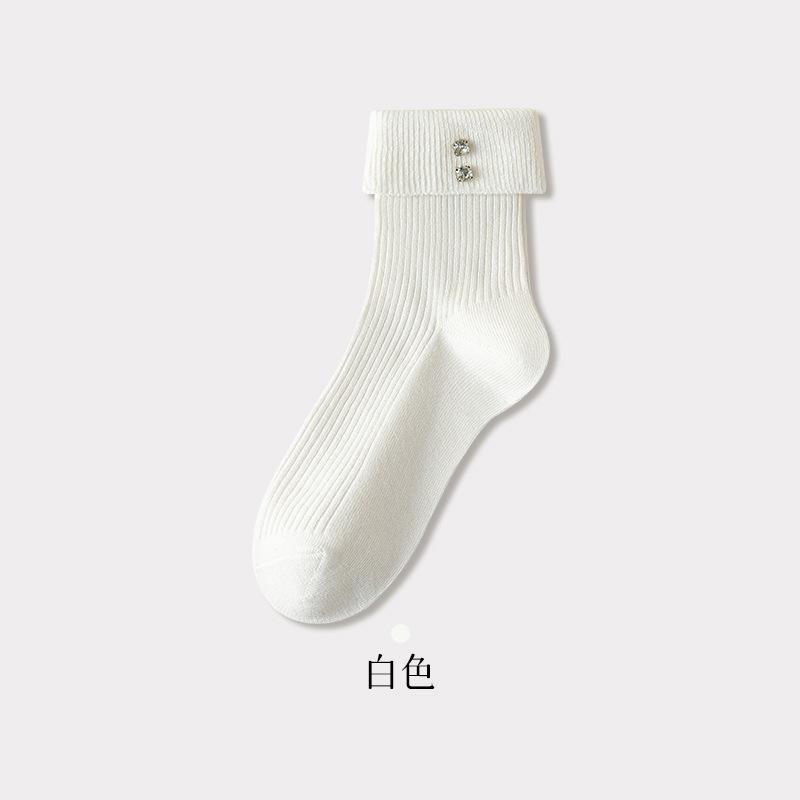 Diamond-Encrusted Socks Women S Autumn Mid-Tube Double-Needle Cotton Socks Flanged Sweet Mary Jane Women S Socks Solid-Color Stacked Socks One size
