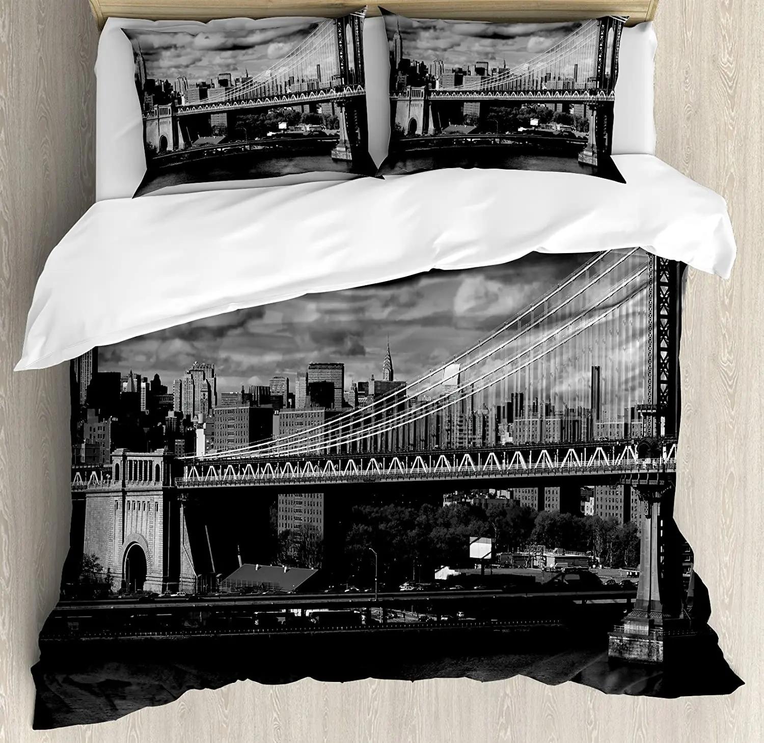 

New York Bedding Set For Bedroom Bed Home Summer Night In Manhattan Brooklyn Bridge Park Duvet Cover Quilt Cover And Pillowcase EU single(135x200cm)