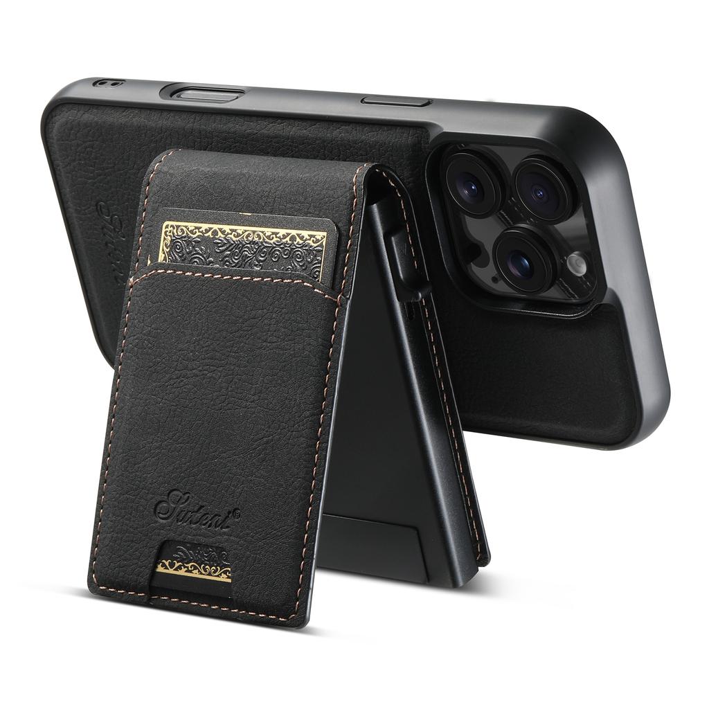 SUTENI H19 For iPhone 16 Pro Magnetic Case Card Holder Kickstand Litchi Texture Leather Back Cover