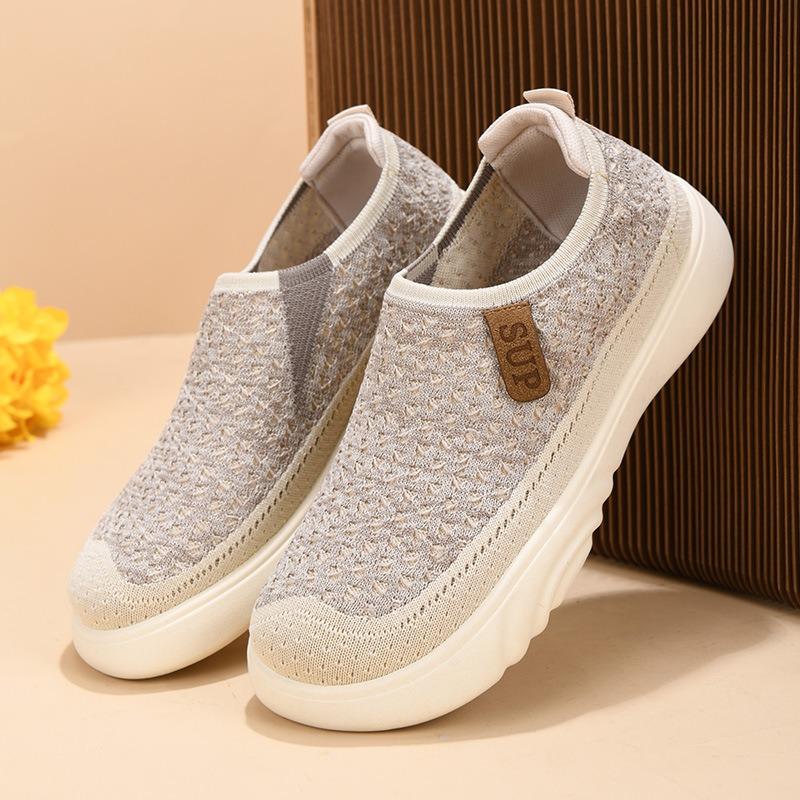 

Кроссовки на платформе, женские повседневные туфли из трикотажной ткани с сеткой, женские мягкие туфли на плоской подошве, тканевые туфли без застежек, нескользящие кроссовки для ходьбы и бега 38 бежевый