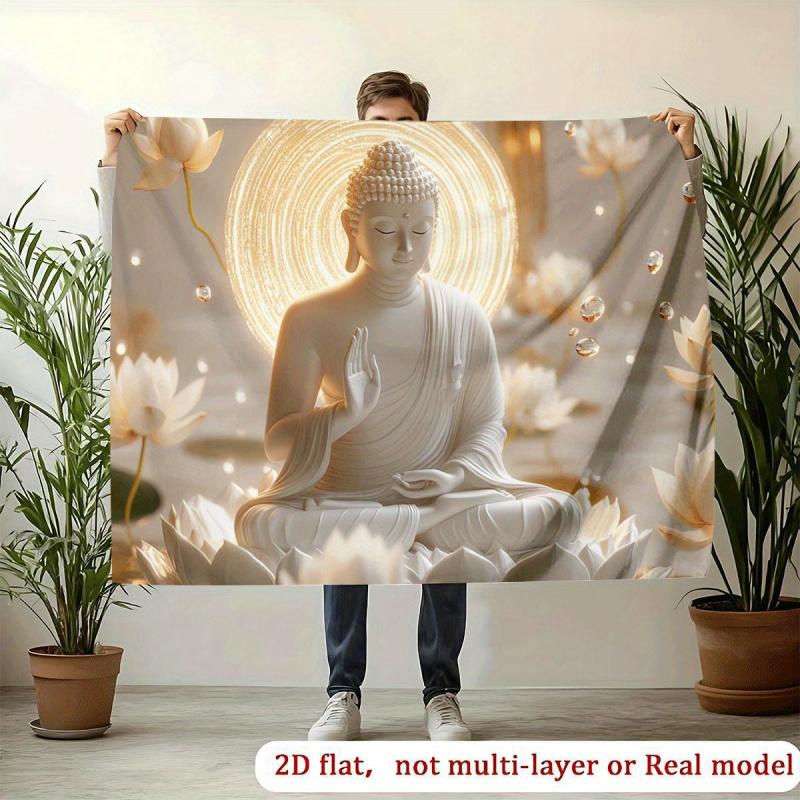 VIKAMA White Porcelain Buddha Tapestry Zen Lotus Buddha Light Background Cloth Living Room Background Wall Room Decoration