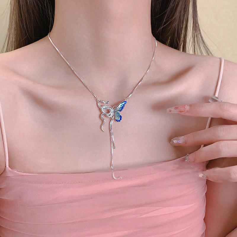 Fashion Unique Design Snake Butterfly Pendant Necklaces for Women Y2K Punk Tassels Choker Necklace Cosplaying Jewelry Accessorie