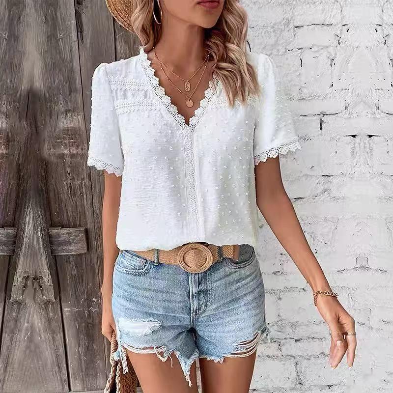 

Summer V-Neck Lace Women s Shirt - European & American Style Extra Large білий