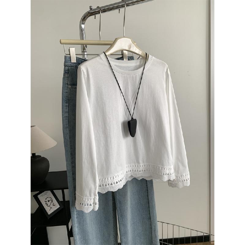 Hollowed-out lace hem pure cotton round-neck long-sleeve T-shirt for women, 2026 spring elegant Korean-style base shirt top