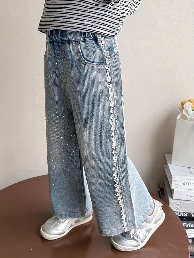Girls' Rhinestone Lace Denim Pants - Spring/Autumn 2026: Stylish Wide-Leg Fashion for Little Girls