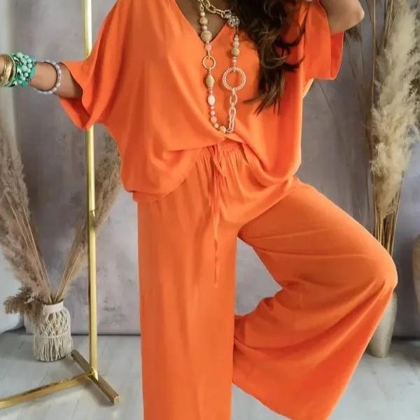 Women's Summer Trousers Suit V-neck Bat Sleeve Casual Top Lace-up Trousers Loose Solid Color Suit Two-piece Set
