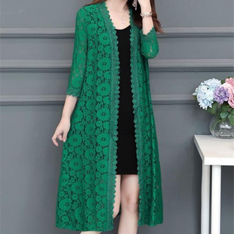 Women Lace Cardigan Mid-length Summer Mesh Shawl Loose Over-the-knee Sun Protection Clothing Women Jacket Shirt Outerwear