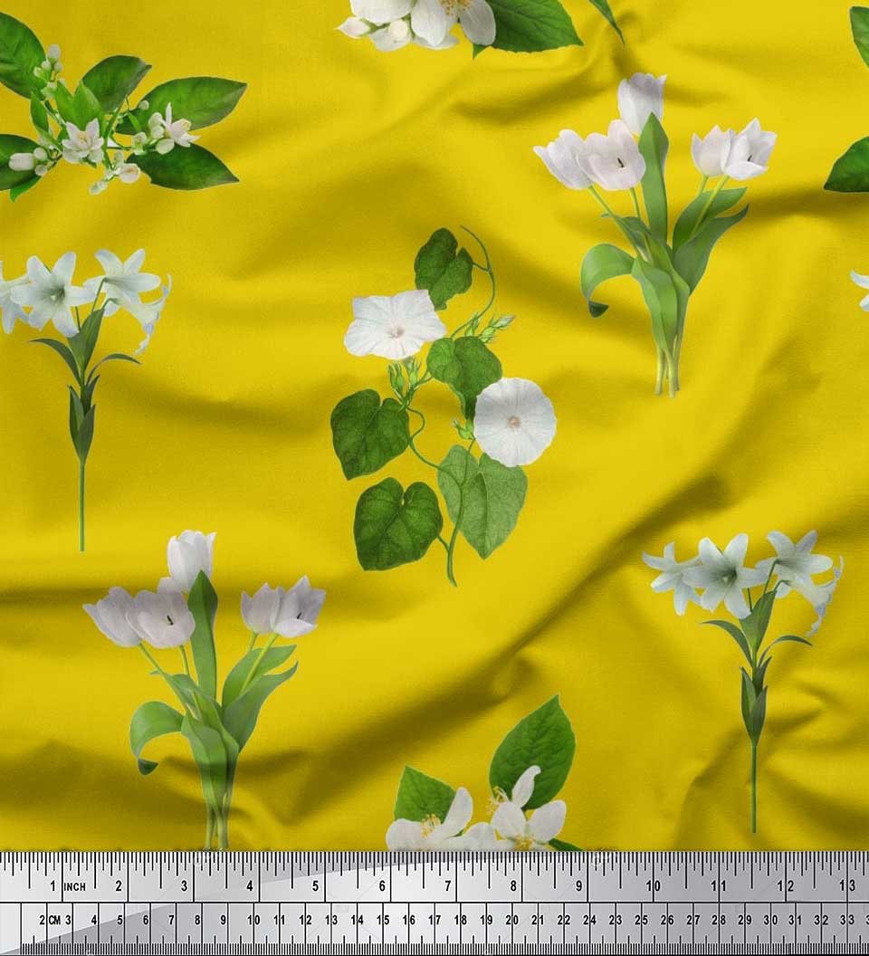 

Тканина Soimoi Japan Crepe Satin Leaves, Tulip & Azalea Flower Print Тканина на метр 42 дюйма 42 Inch Wide - Poly Crepe жовтий