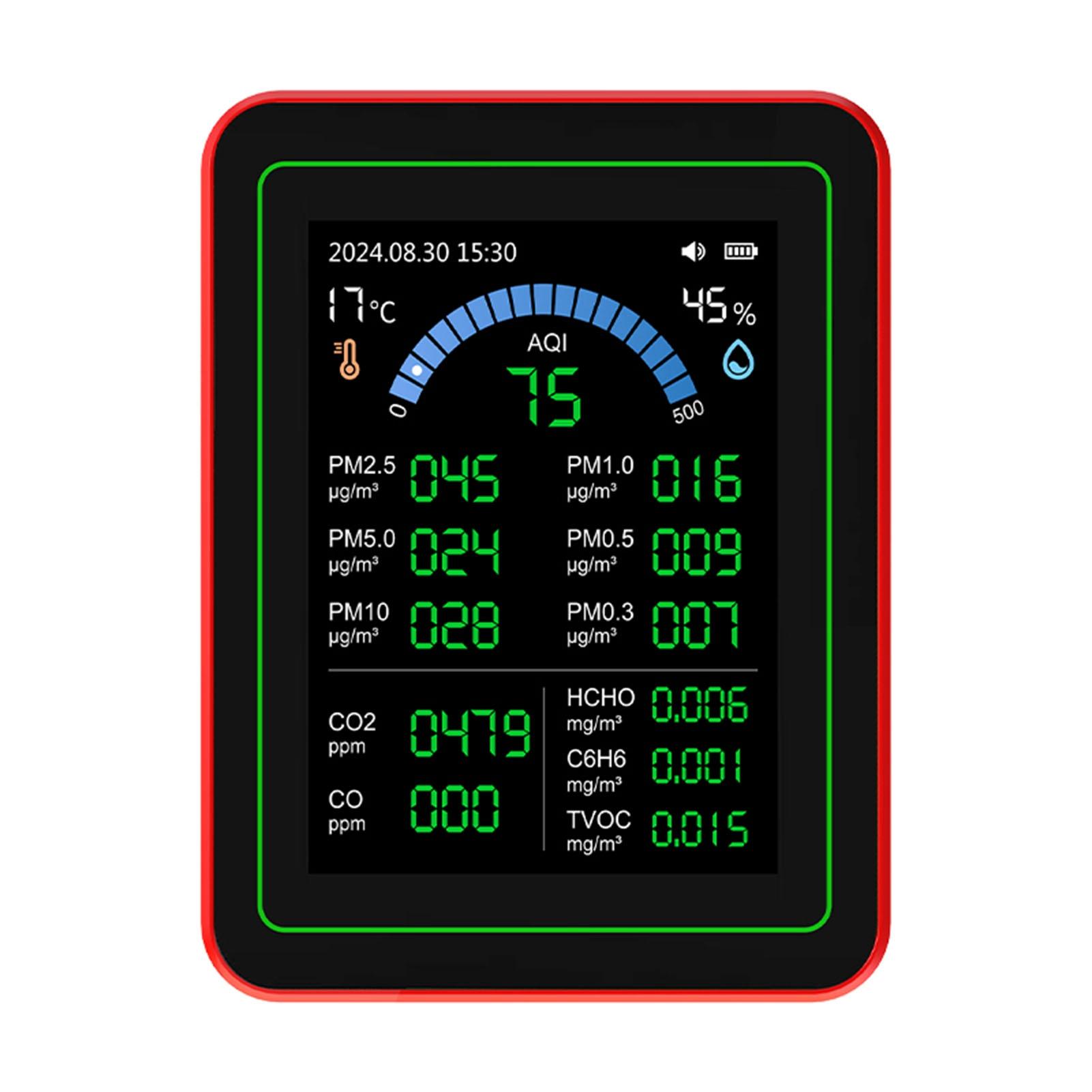 

Air Quality Meter 18 in 1 CO2 TVOC HCHO PM2.5 PM10 Temp Humid Detect Tester Indoor Battery Powered Data Storage Black