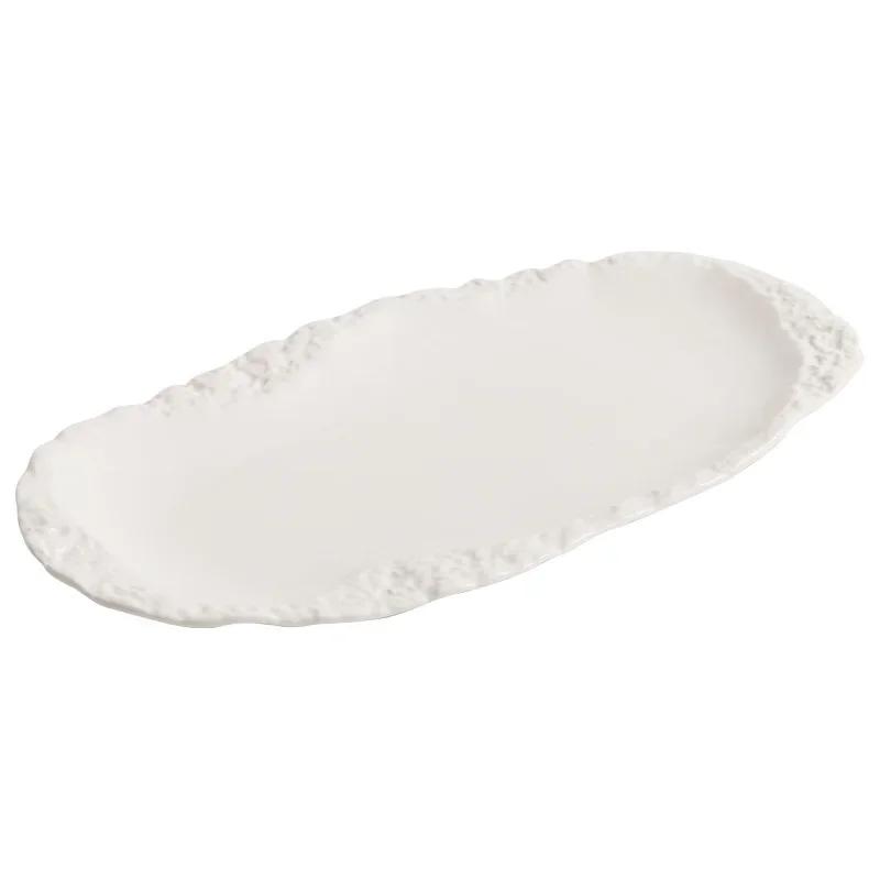 Creative Stone Pattern Edge Ceramic Plate Pure White Salad Plate Dessert Plate Thick Soup Plates Deep Plates Hotel Tableware