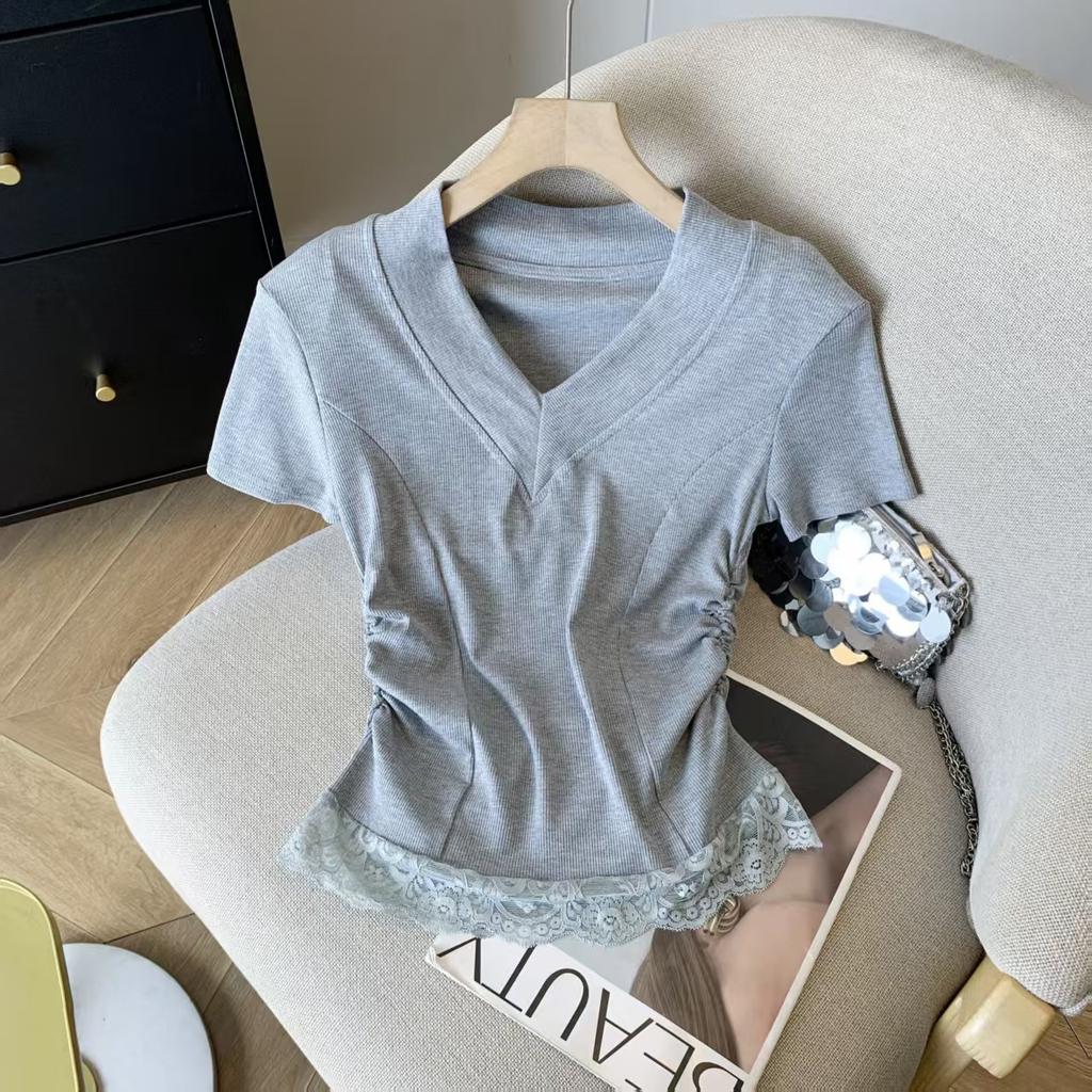Summer small fragrant wind lace deep v-neck short-sleeved T-shirt for female spice girls to wear, waist and thin top ins