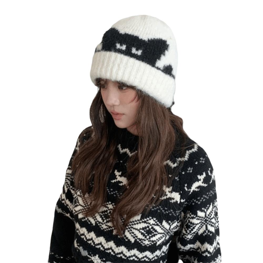 Cat Pattern Warm Knitted Beanie Hat Thick Warm Design Stretchy Beanie Hat  Casual Wear