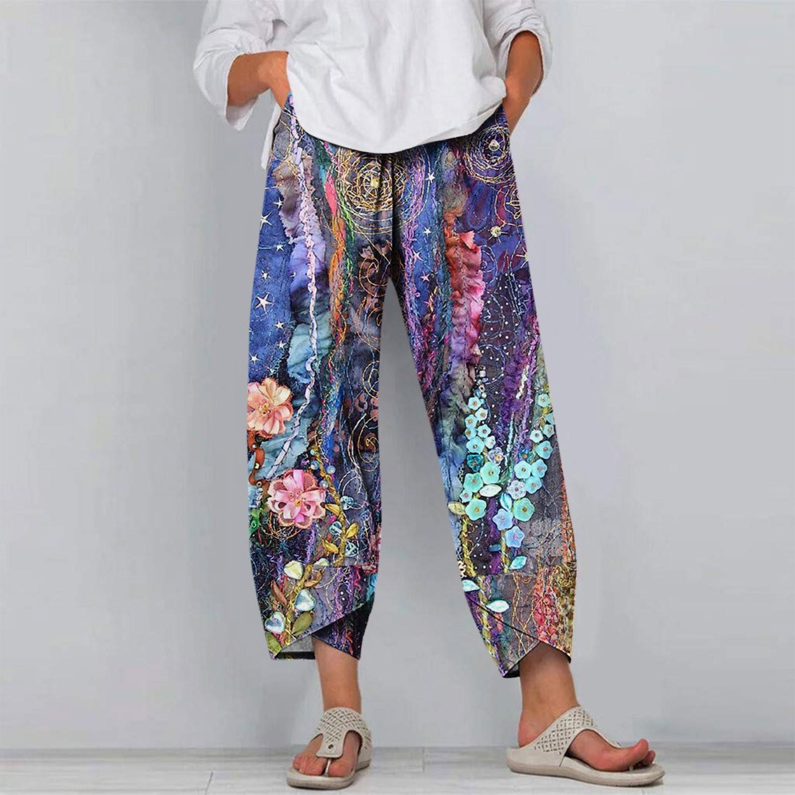 

(SU)Женские летние модные легкие повседневные брюки с принтом и карманами XXXL темно-синий