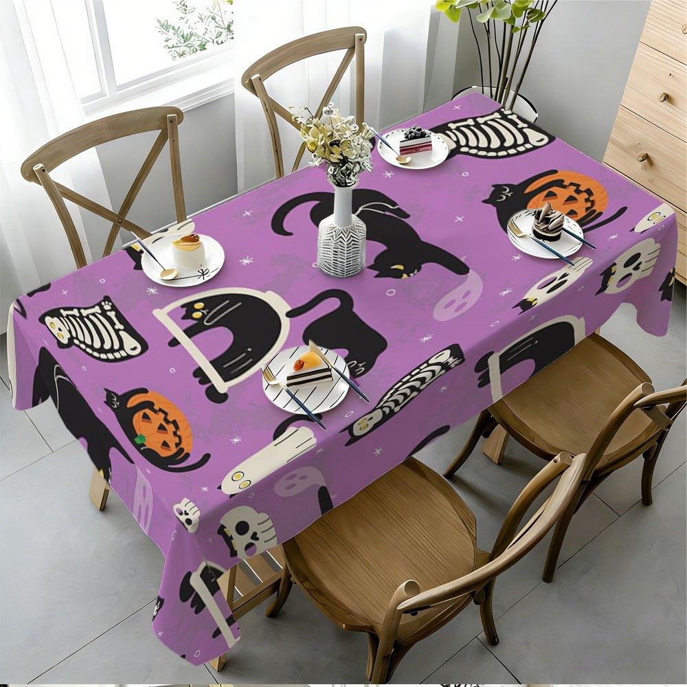 1pc Tablecloth Purple Halloween Pattern Cat And Ghosts Printed Creative Party Tablecloth, Fashionable Tablecloth, Table Mat, Coffee Table Mat, Tablecl