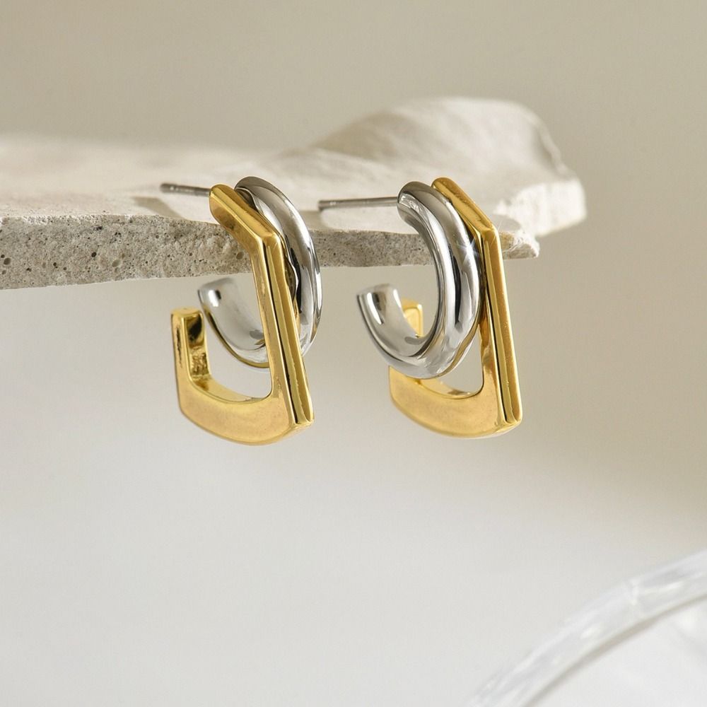 Mix Color Double Layer Earrings Gold Silver Huggie Earrings Geometric Earrings  Trendy Accessories