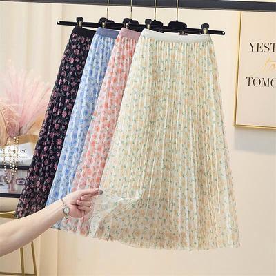 Floral Mesh Pleated Skirt for Women Summer New High Waisted A-line Skirt Printed Yarn Skirt