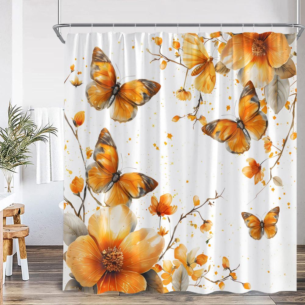 

Butterfly Floral Shower Curtain Flower Plant Pink Purple Teal Butterflies Bathroom Decor Elegant Modern Polyester Bath Curtain 90x180cm-35x70in