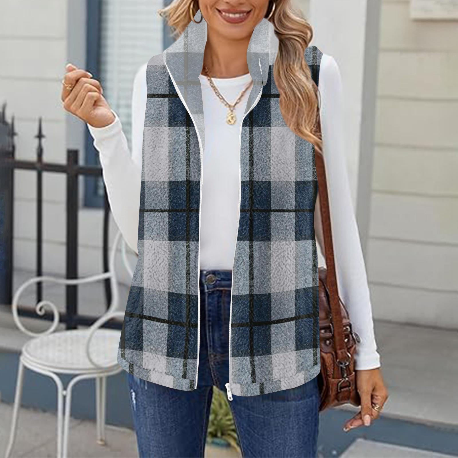 Women Sleeveless Plaid Vest Fleece Lined Open Front Zip Up Casual Outerwear Vest with Pockets for Layering XL синий