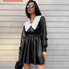 Peter Pan Collar Patchwork PU Leather Black Dress Women Elegant Pleated Elastic Waist Short Dresses Autumn Winter New Punk