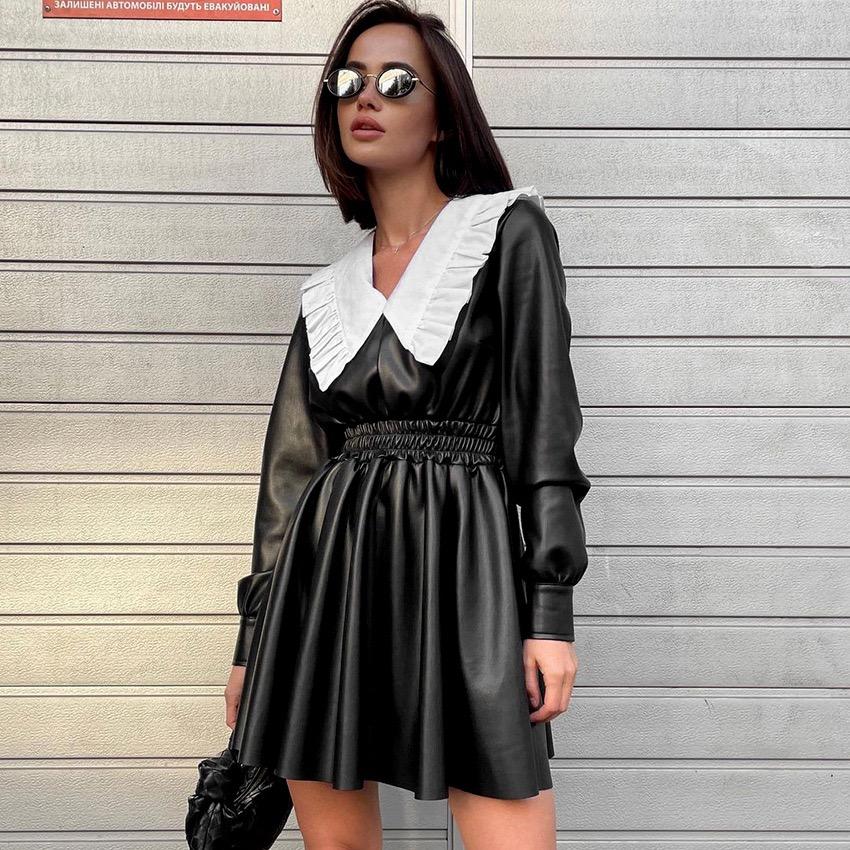 Peter Pan Collar Patchwork PU Leather Black Dress Women Elegant Pleated Elastic Waist Short Dresses Autumn Winter New Punk