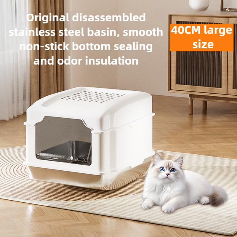 Stainless Steel Cat Litter Box Large Space Fully Enclosed Cat Toilet Big Sealed Odor Proof Cat Bedpans Detachable Pet Supplies