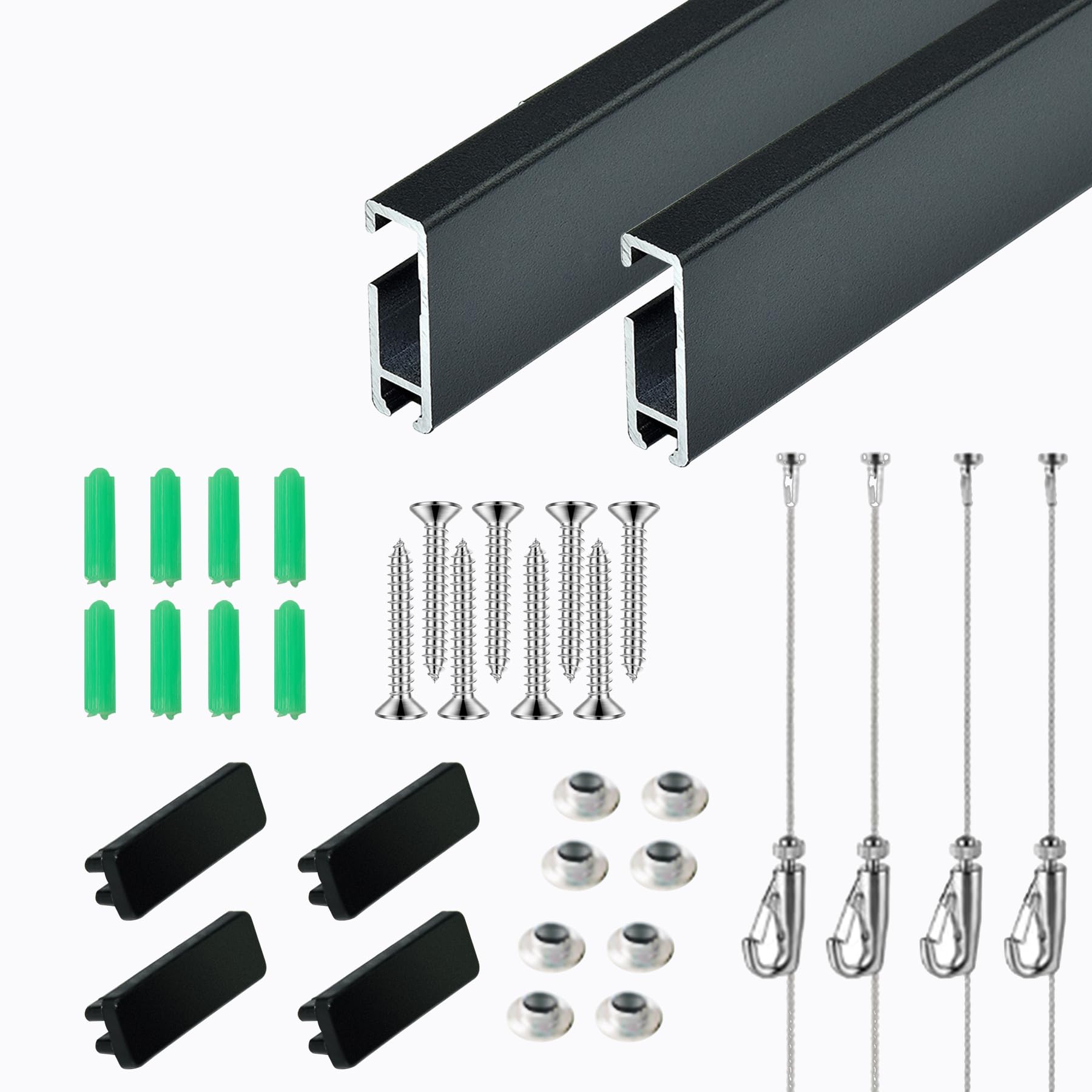 

DADAGUAI Picture Rail Set with Wire, Hooks, and Sliding Rails, DIY Adjustable Hanging Hardware, Aluminum Alloy, for Wall Art and Display (Black, 2M)