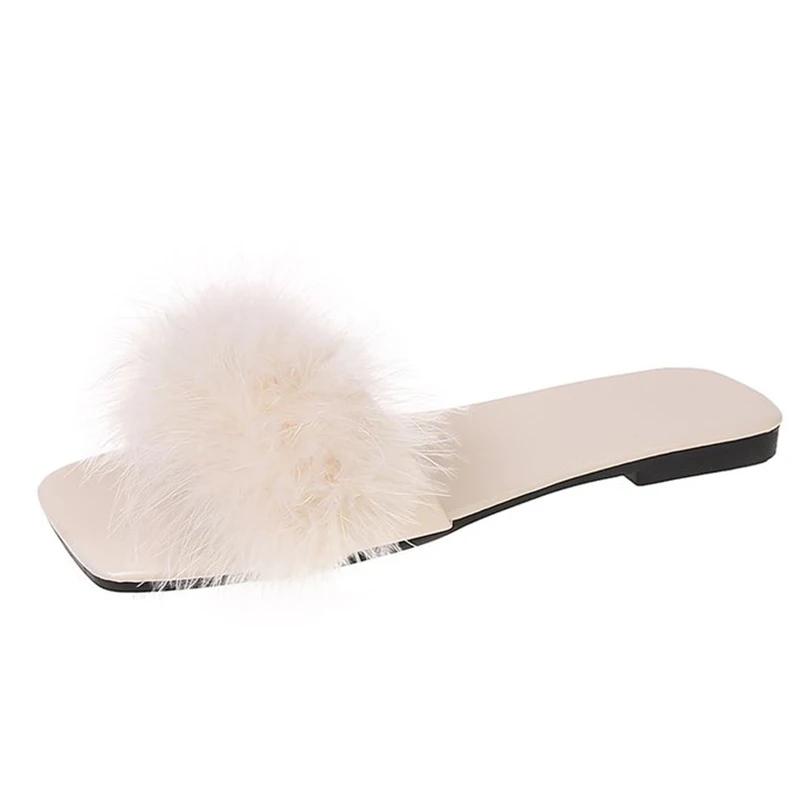 Lucyever Blue Summer Flat Fur Slipper Women 2025 Soft Bottom Non Slip Slides Shoes Woman Fashion Square Toe Fluffy Slippers