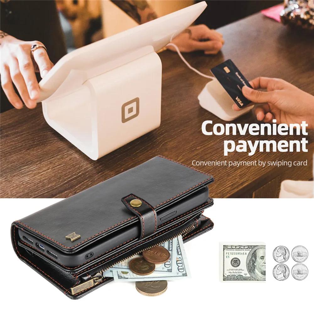 2 in 1 Detachable Cards Solt Zipper Purse Wallet Case For iPhone 16 Pro Max 15 14 Plus 13 12 11 XS X Magnetic Flip Leather Case