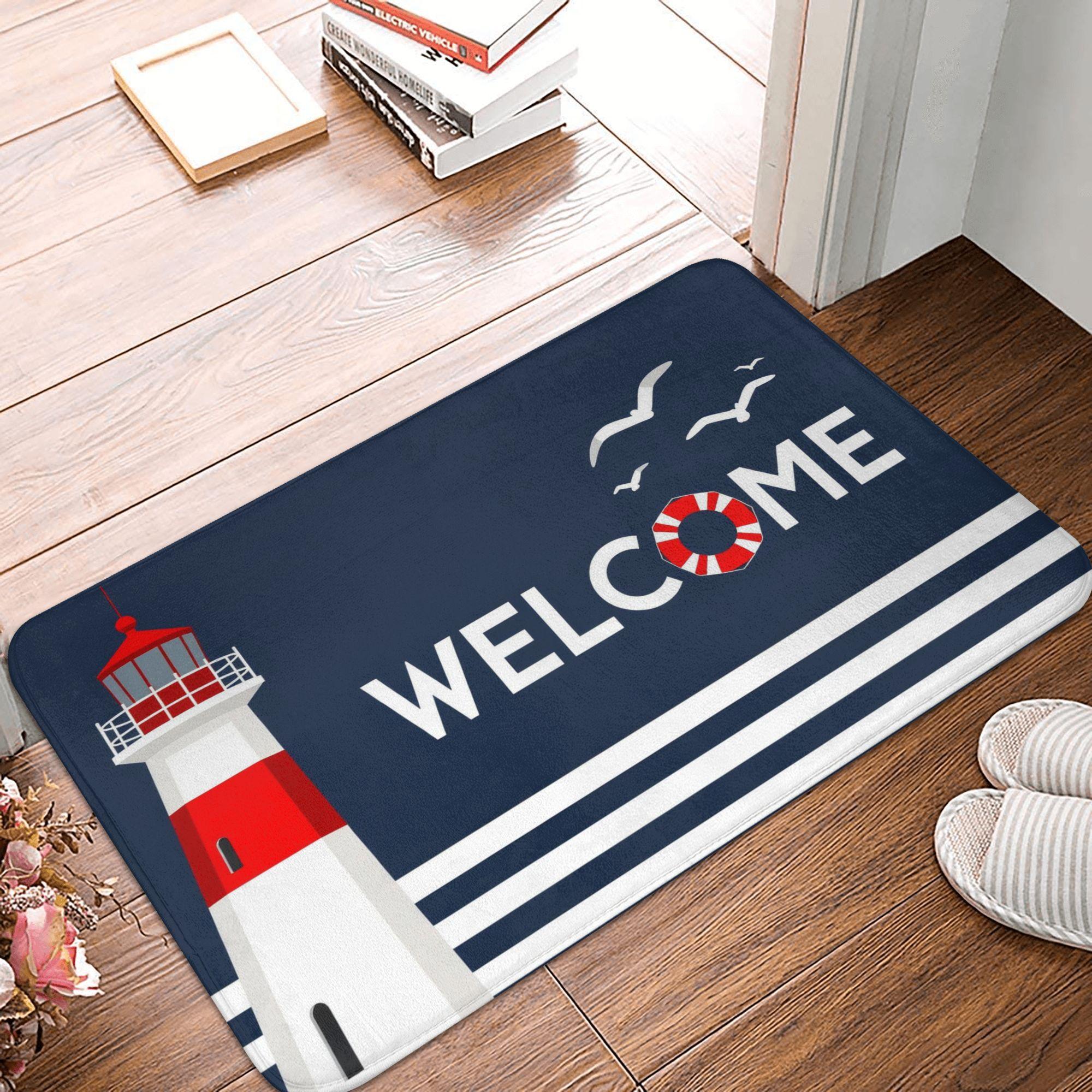 

Coastal Navy Blue Lighthouse And Seagulls Front Door Mat Anti-Slip Outdoor Waterproof Doormat Floor Bath Entrance Rug Carpet 40cmx60cm