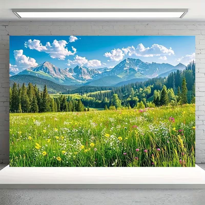 2D Mountain Forest Meadow Backdrop Spring Nature Party Photo Booth Background