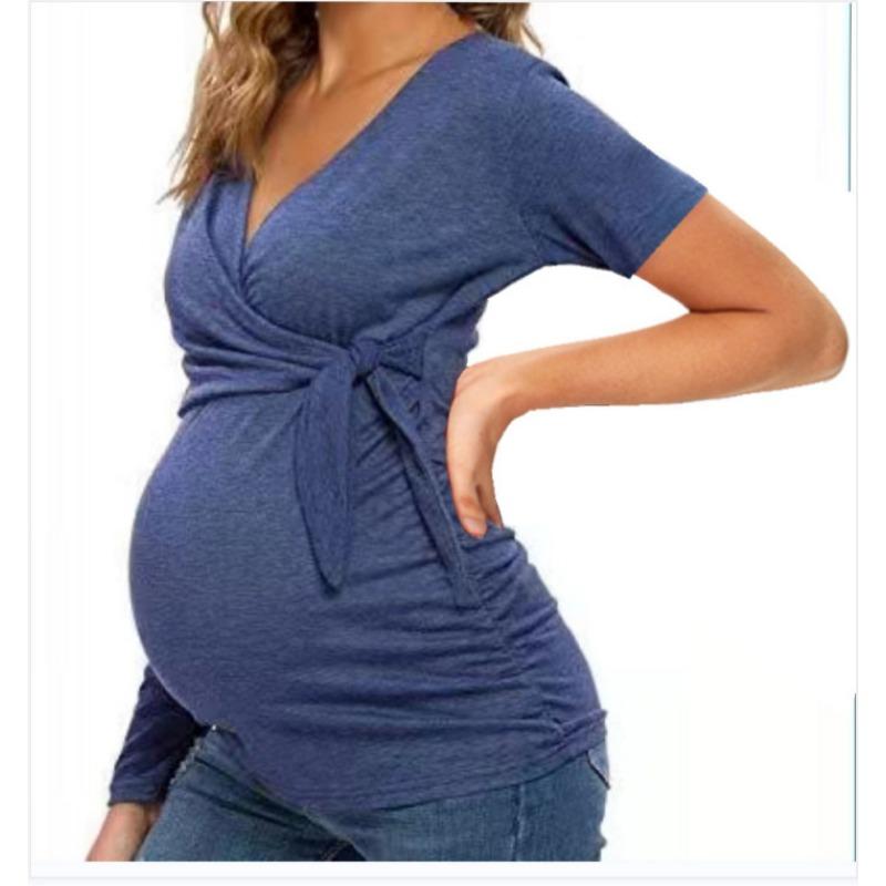 Black V-neck Short Sleeve Wrap Front Maternity Top with Side Tie Detail