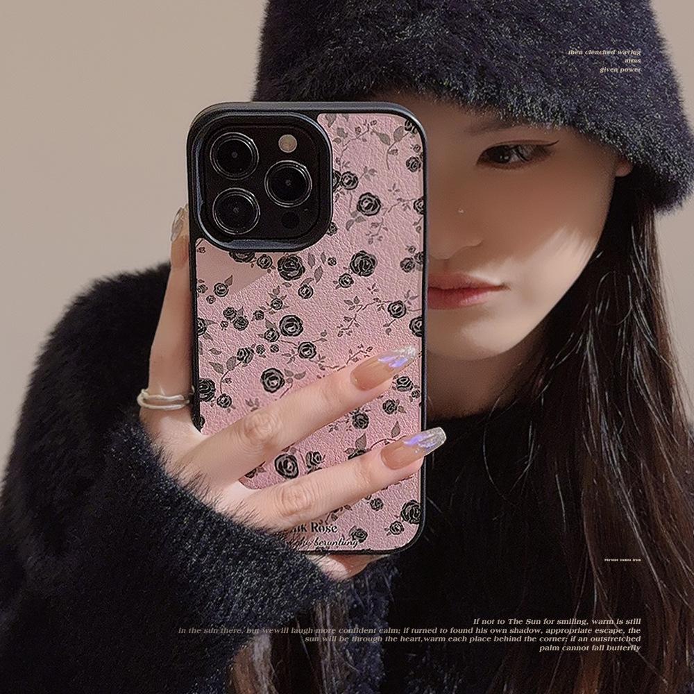 Black Rose Flower Apple 15 Mobile Phone Case 14promax Gentle Powder 11 Applicable To IPhone 16 Leather 12 Advanced
