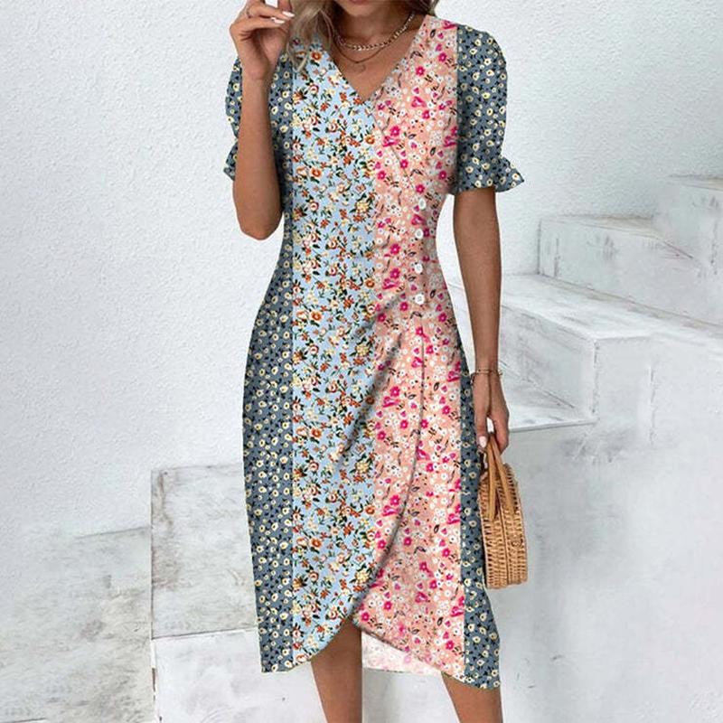Vestito da ufficio vintage slim boho elegante con stampa floreale, maniche a sbuffo, abito da festa da donna, scollo a V, bottoni drappeggiati, irregolare, a trapezio