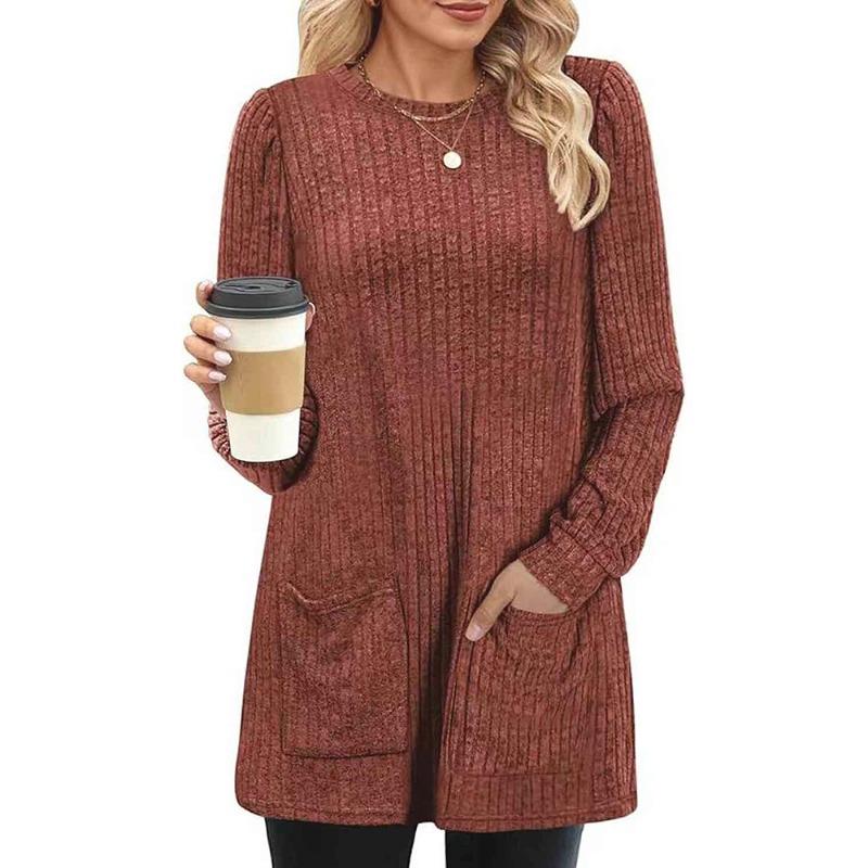 Women's Fall Winter Ribbed Long Sleeve Knit Tunic Crew Neck Solid Color with Pockets Casual Sweater