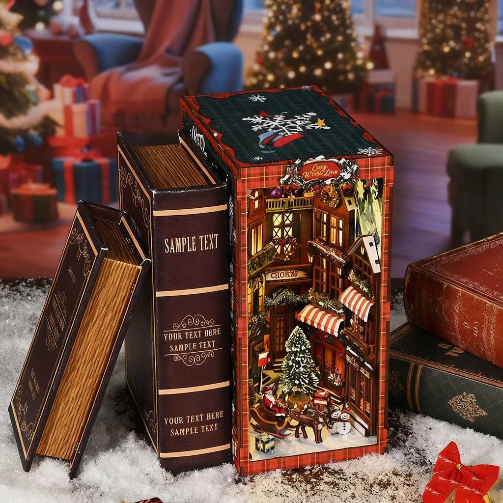 Sada Koutek pro dospělé Vánoční knihu, 3D dřevěná chata puzzle, Vánoční knihy, Vynikající dekorace na knihovnu pro každou příležitost