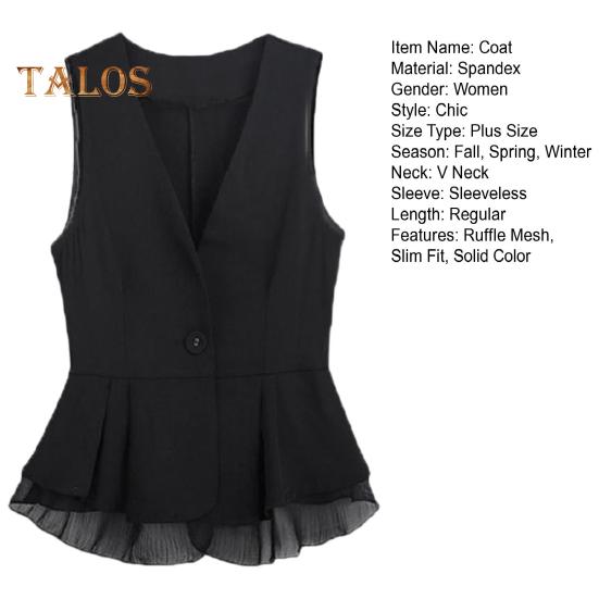 Lady Women Vest Coat Single Button Closure Sleeveless Pleated Ruffle Mesh Patchwork Slim Fit Suit Coat Solid Color Casual Daily Wear Waistcoat