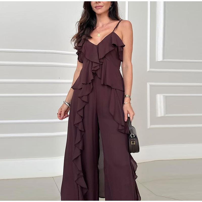 2025 Frühling Einfarbig Rüschen Zweiteiler Damen Sexy V-Ausschnitt Aushöhlung Langes Oberteil & Gerade Hose Outfit Sommer Locker Träger Urlaub Anzug