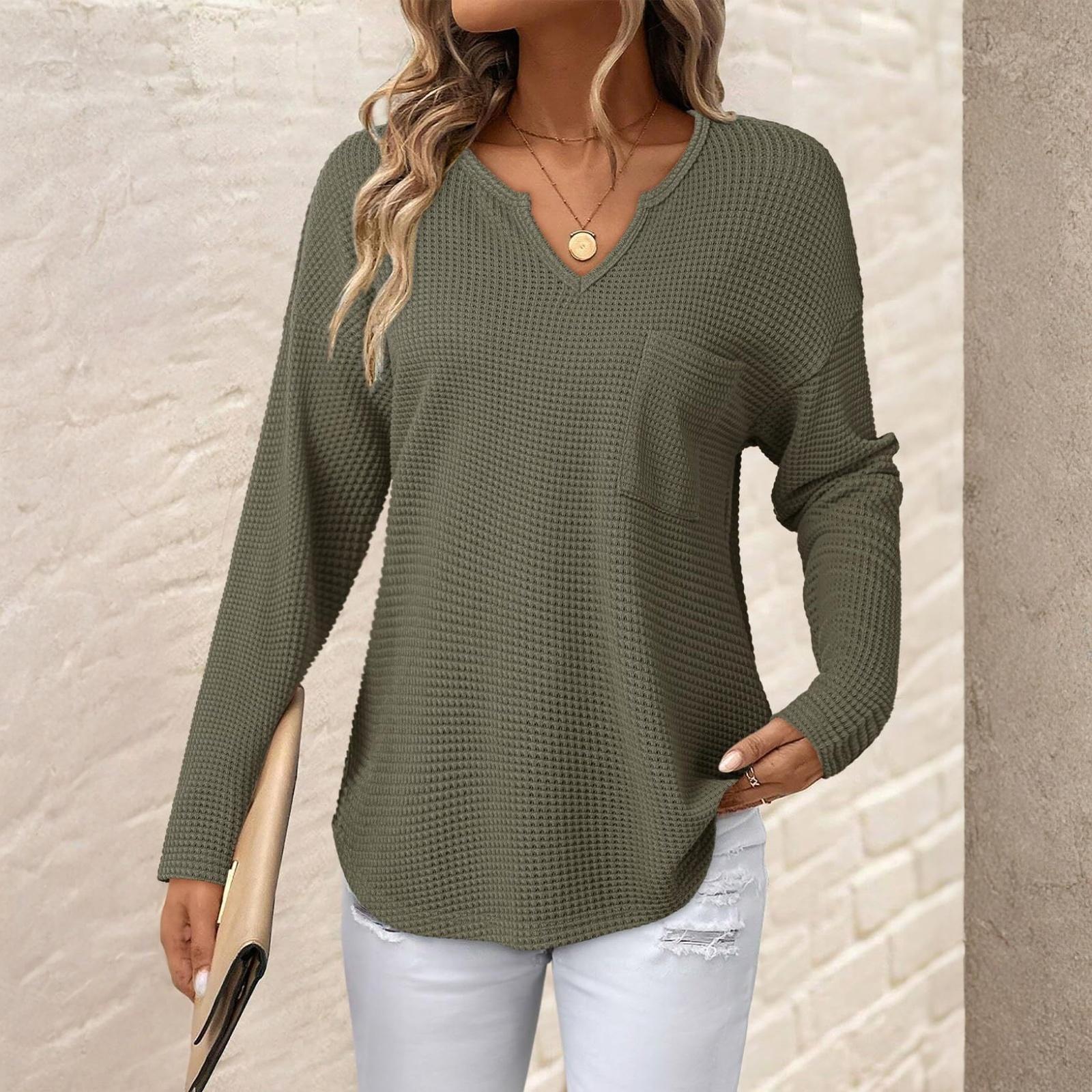

Women s Loose And Comfortable Solid Color Casual Fashion Long Sleeved V-neck Pocket Top M
