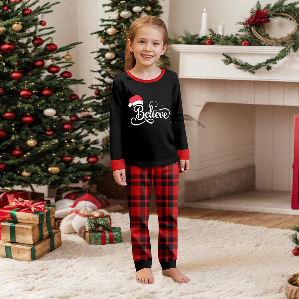 Parent Child Outfit Christmas Print Home Long Sleeved Top And Plaid Striped Trousers Set