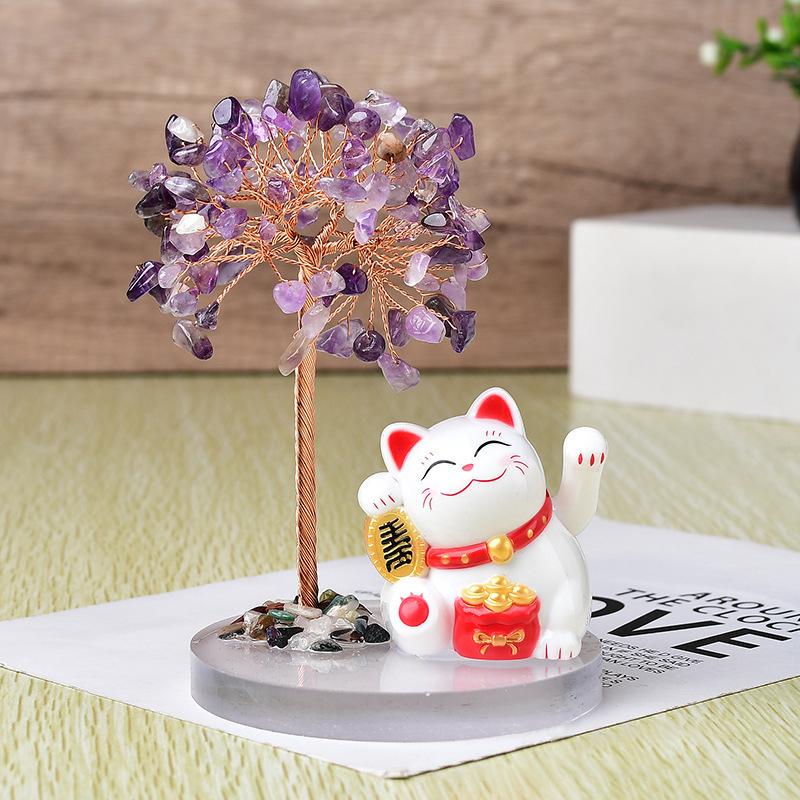 Solar Energy Shake Hands Lucky Cat Base Fate Tree Office Home Natural Crushed Stone Life Tree Handwoven Weaving Decor