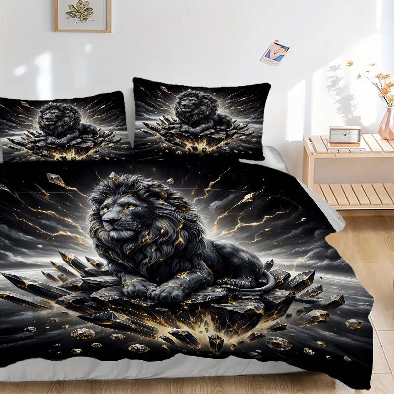 3pcs Emerging Lion Printed Quilt Set - Soft and Comfortable Quilt Cover for Bedroom, Guest Room and Dormitory