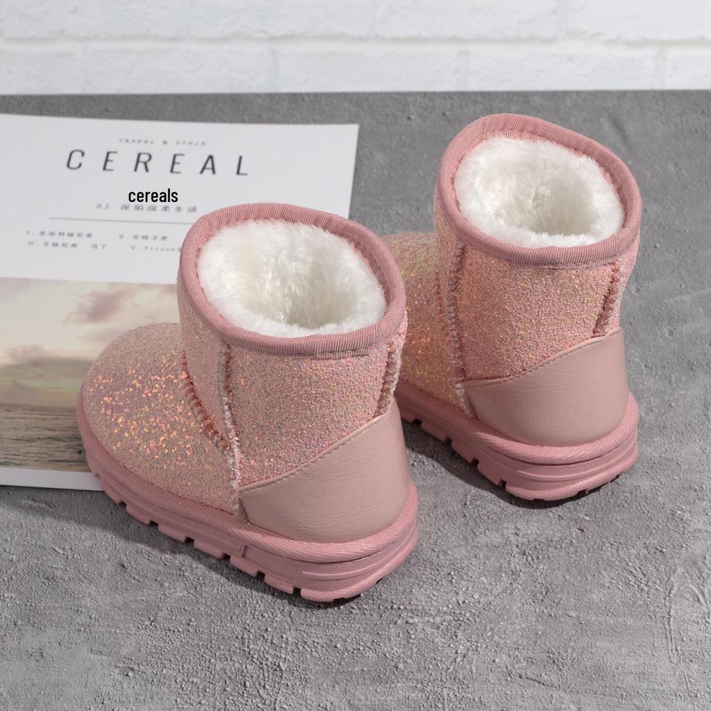 2022 Winter Pink Sequin Plus-Size Thick Cotton Children's Shoes with Non-Slip Rubber Sole