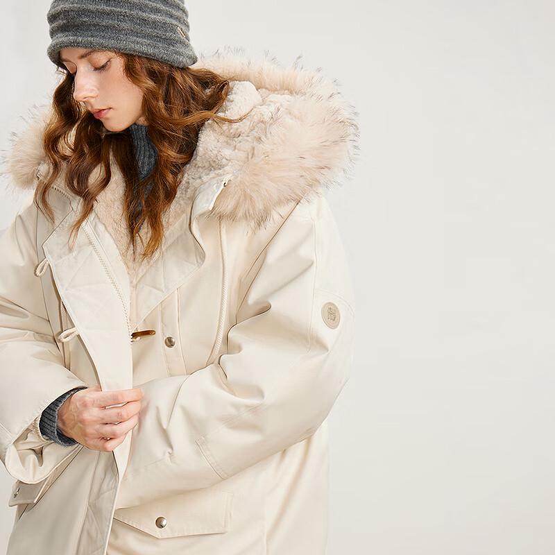 Chuyu Women's Mid-Length 3-Proof 90% Duck Down Hooded Jacket with Faux Fur Trim