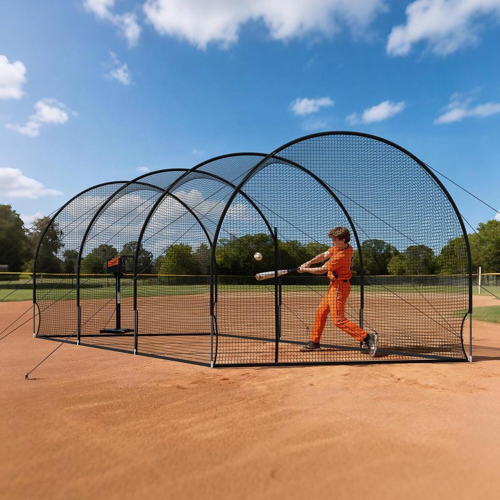 Baseball Batting Cage, 10058 x 3660 x 3000mm Freestanding Portable Batting Cage, Hitting Cages with 4-Ply Knotless Polyester & Pitching Machine