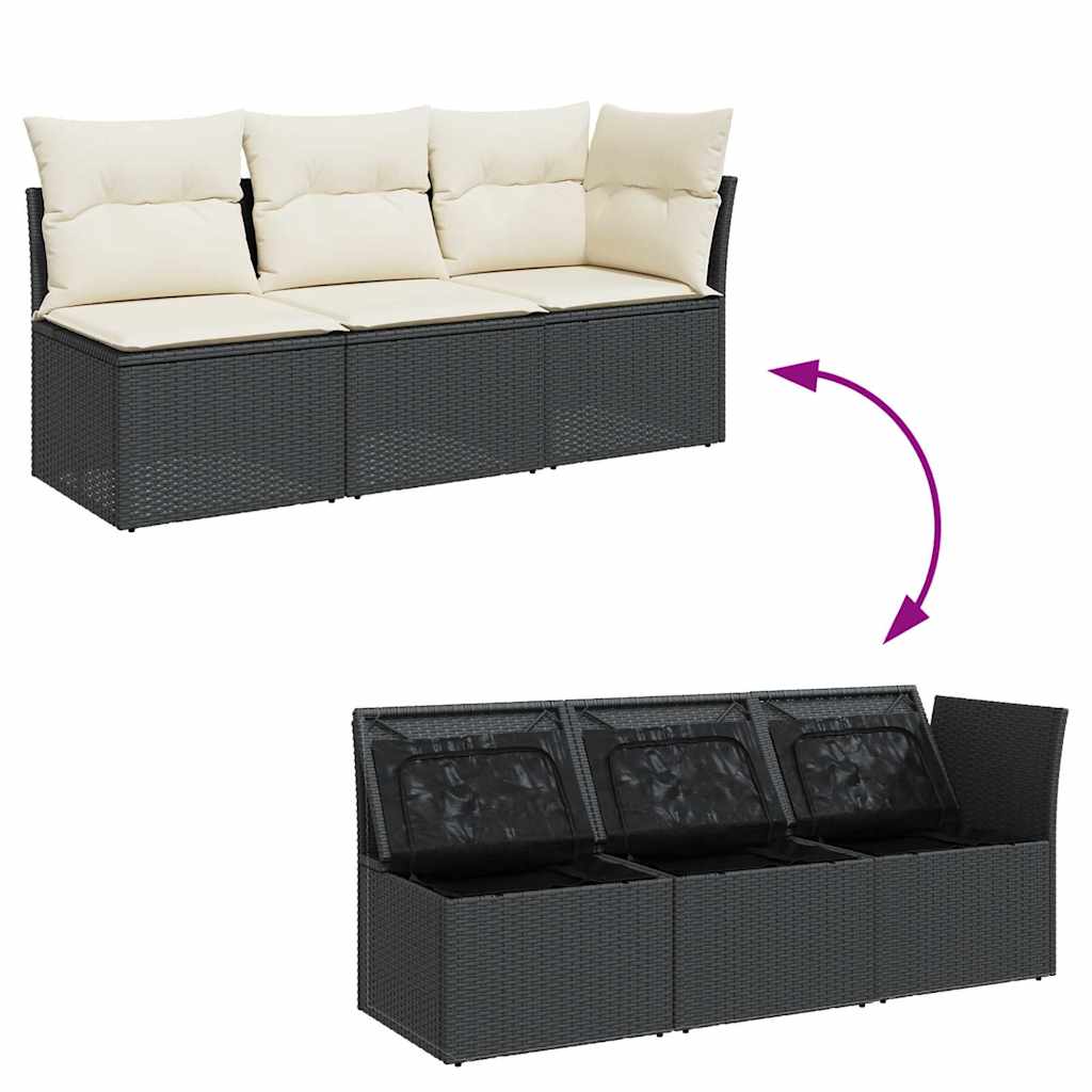 Vidaxl Garden Sofa With Cushions, 3-Seater, Black, Poly Rattan