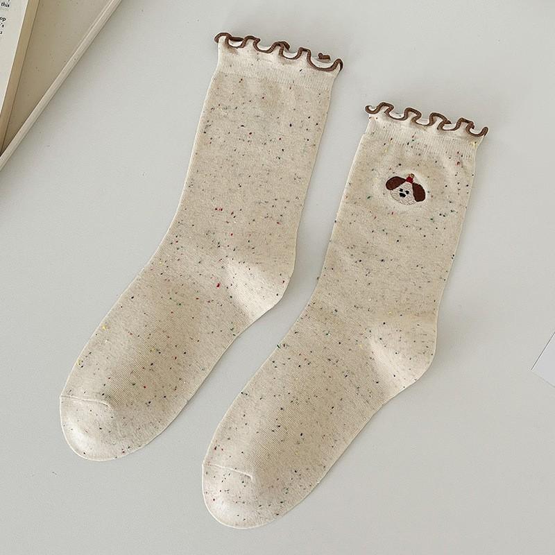 Socks Pure Cotton Stacking Socks Season Idea Yarn Cute Embroidery Cartoon Fungus Edge Cotton Medium Tube Socks