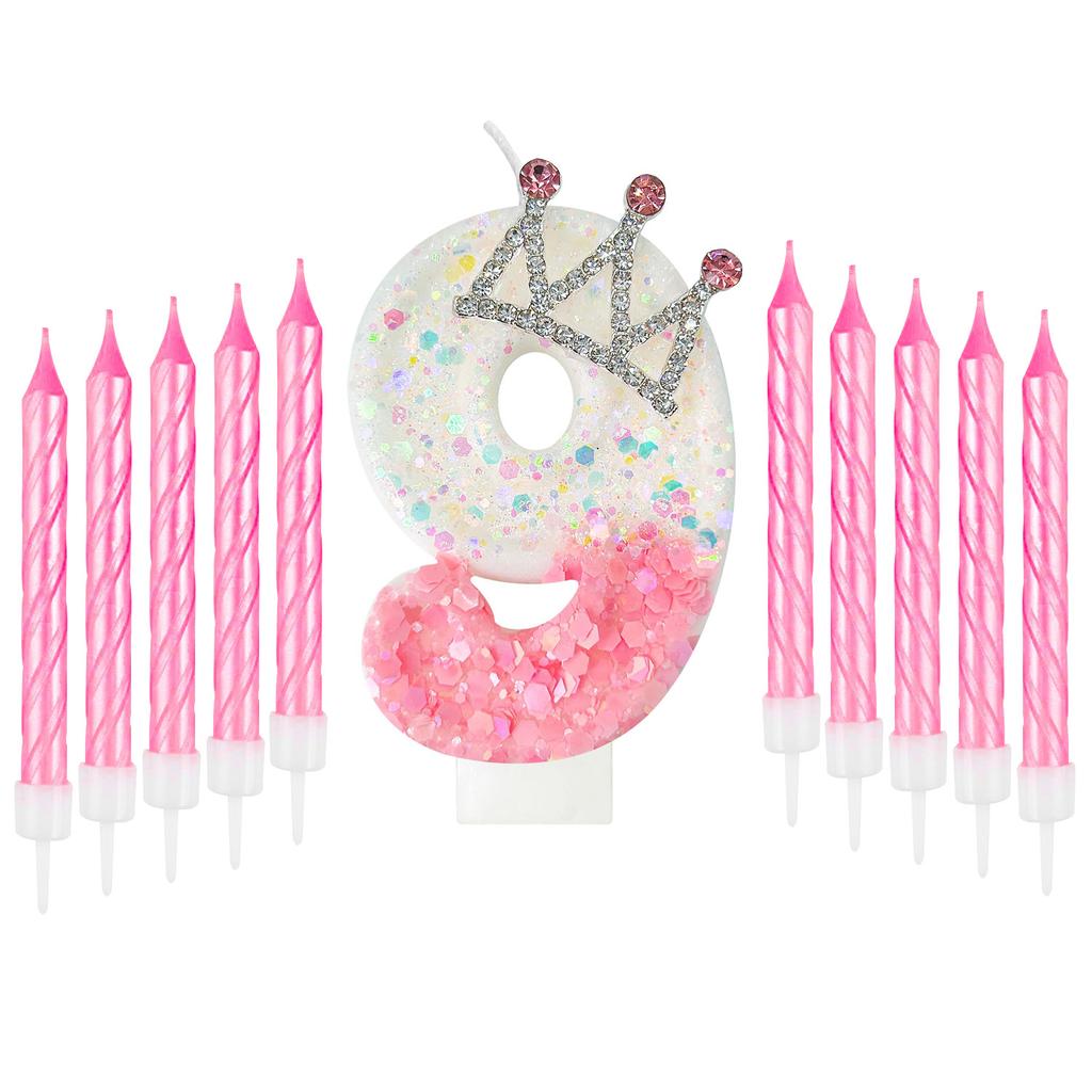 11pcs Gradient Pink and White Crown Number Candles, Number 0-9 Candles, Girl's Birthday Cake Decorations, Cupcake Decorations