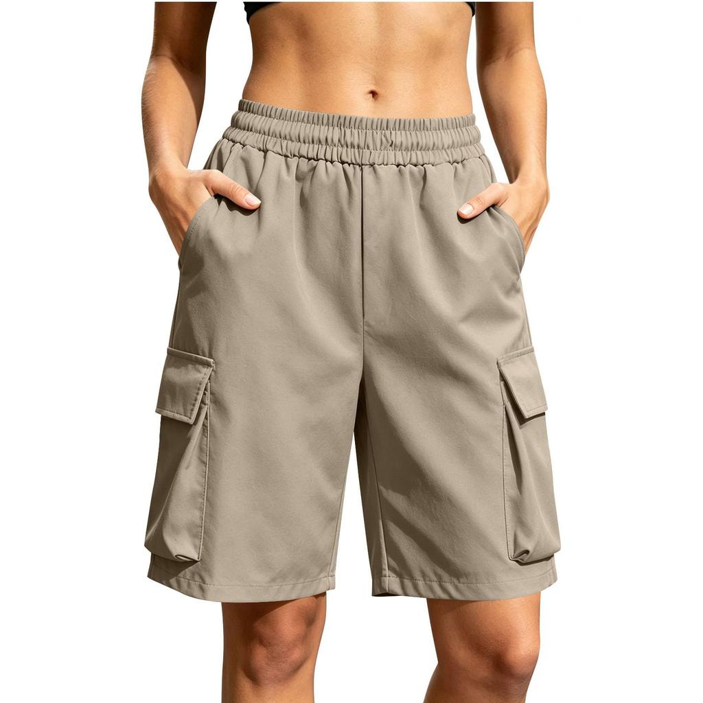 Women Loose Fit Casual Work Shorts with Elastic Waistband and Multiple Pockets for Daily Wear Outdoor Activities