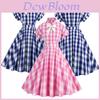 Rochie Vintage Barbie Roz cu Pătrățele și Guler cu Fundă Fluture