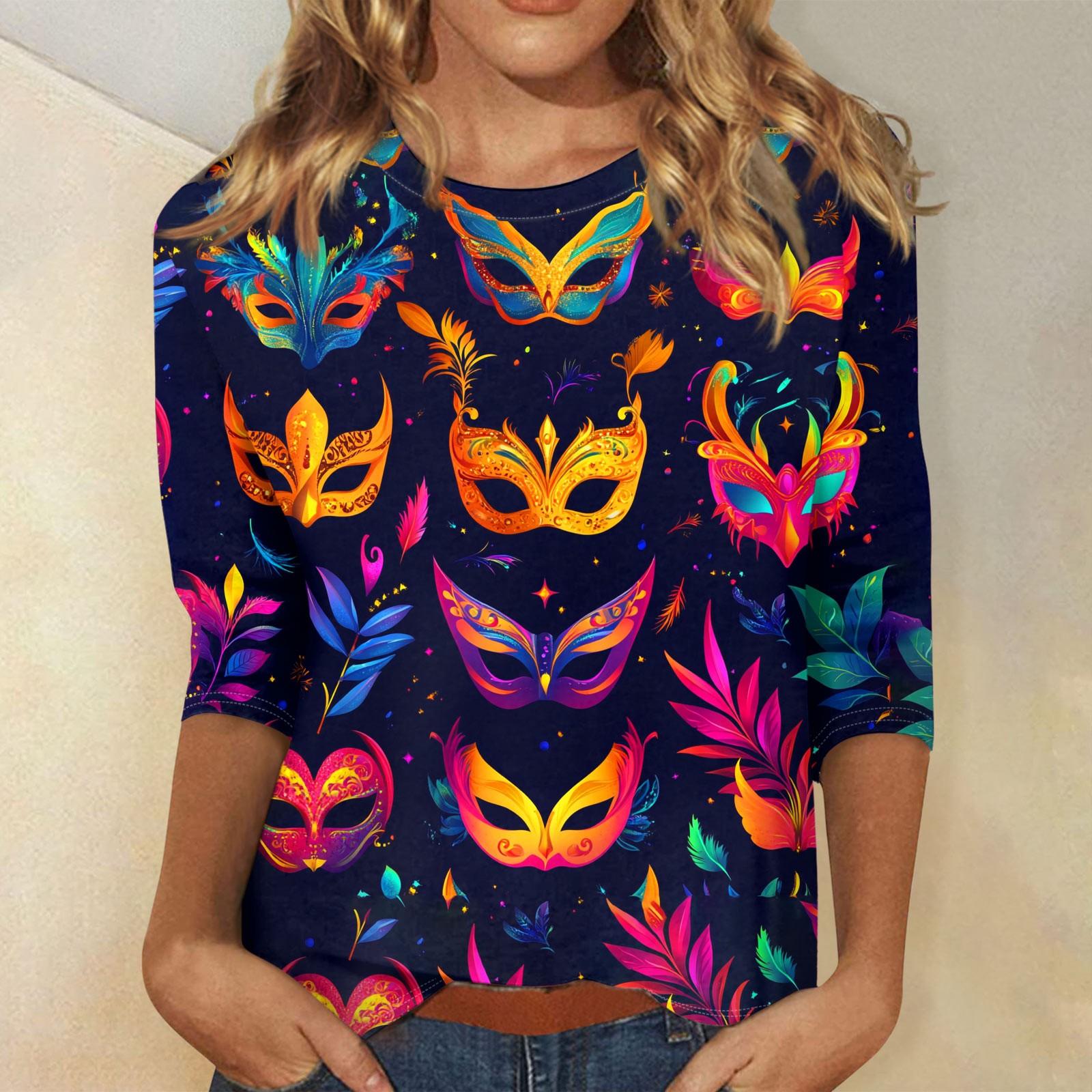 

Женские топы с рукавом три четверти и круглым вырезом, свободная футболка с принтом «Карнавал» L темно-фиолетового